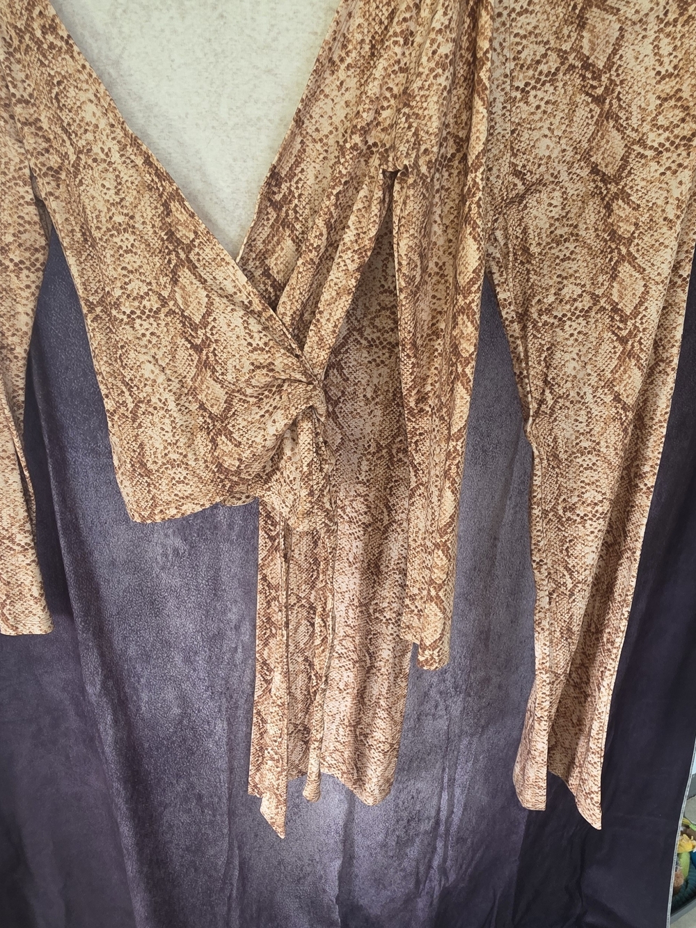 Lovers + Friends Tan Brown Snake-Print Wrap Blouse
